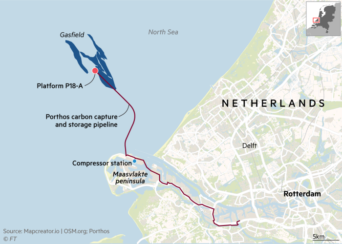 Map showing the Porthos carbon capture and storage pipeline off the coast of the Netherlands