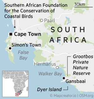 Map showing Cape Town and other key locations in South Africa