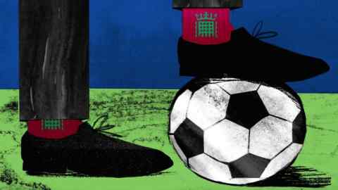 Ellie Foreman-Peck illustration of a football under the foot of a person wearing black dress shoes, and red socks with the House of Commons logo
