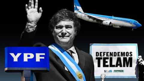 Javier Milei, An Aerolineas Argentinas Boeing 737 MAX 8, YPF energy logo and a journalist holding a sign that reads ‘We defend Telam’ outside the state-owned news agency Telam’s HQ
