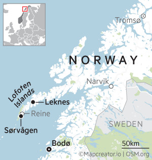 Map of Norway showing Lofoten Islands and nearby areas