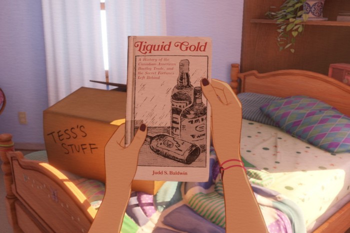 Illustrated hands hold a book called Liquid Gold about the history of bootlegged liquor