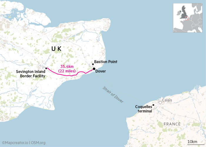 Map showing Dover, UK and the border control post at Sevington, the Bastion Point border control, and the Coquelles terminal in France