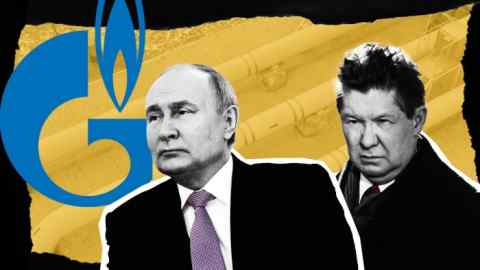 Montage of Vladimir Putin and Alexey Miller and Gazprom logo