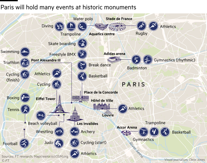 Map showing where Paris will hold events at historic monuments