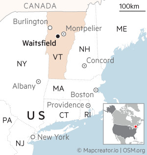 Map showing the location of Waitsfield in Vermont, US as well as other nearby cities
