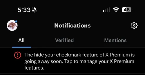 X hide checkmark notification