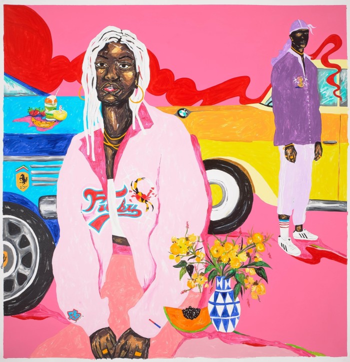 ‘It was all a dream’, 2022, by Zéh Palito: a vivid, pink-hued painting of a young Black woman and man in front of yellow and blue cars, with a vase of yellow flowers beside the woman 