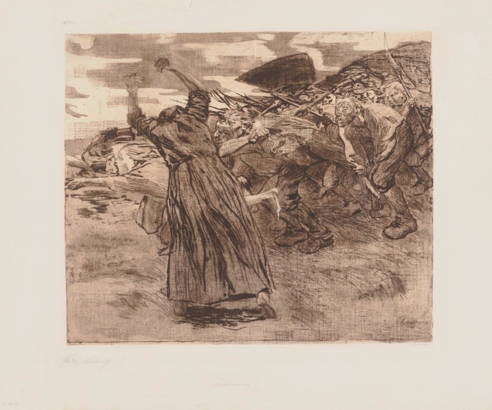 An etching from Käthe Kollwitz’s ‘Peasant War’ series, 1902-03, of a woman with her hands raised standing beside an advancing crowd of men and women bearing farm tools as weapons