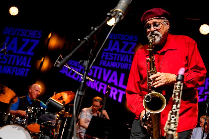 American saxophonist Joe Lavano in a red shirt and scarlet beret performing at last year’s Deutsches Jazzfestival Frankfurt