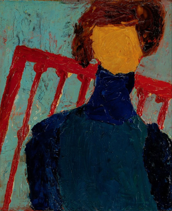 ‘Figura’, 1947, by Carol Rama: painting of a woman with a featureless. yellow face, brown hair and a blue polo neck jumper, with the red back of a chair at a slant behind her