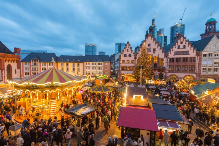 Frankfurt has one of Germany’s biggest Christmas markets An aerial shot of Frankfurt’s Christmas market on a historic square at night