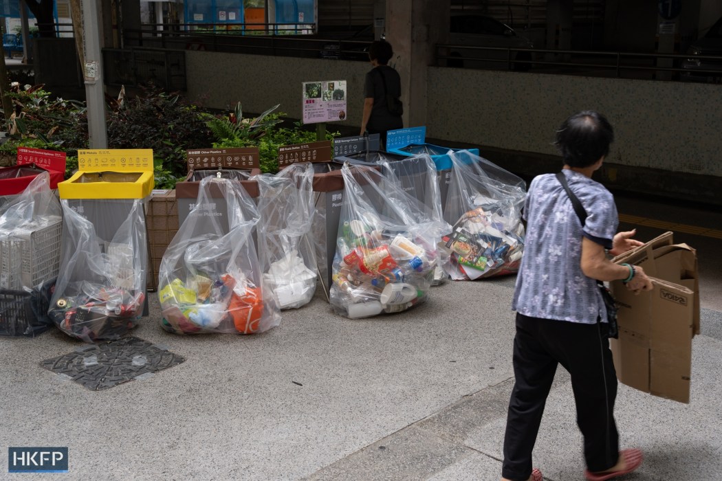 Recycling bins in Hong Kong on April 15, 2024. File photo: Kyle Lam/HKFP.