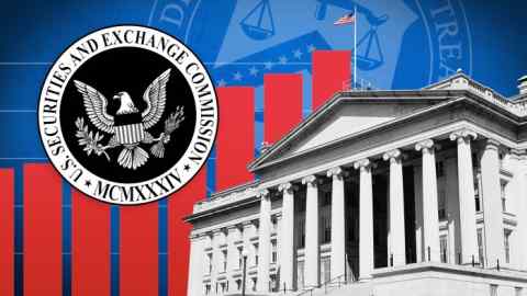 The Securities and Exchange Commission seal hovers over a large classical building with pillars on the frontage