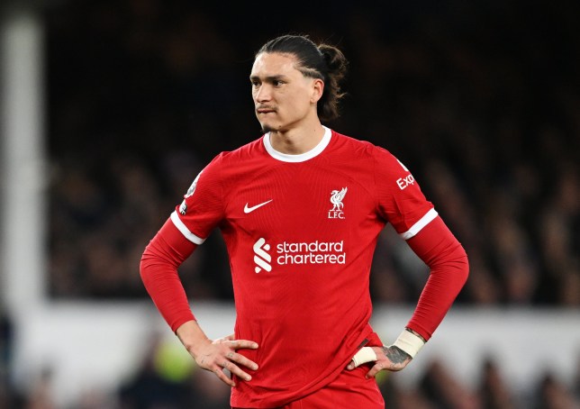 LIVERPOOL, ENGLAND - APRIL 24: Darwin Nunez of Liverpool reacts during the Premier League match between Everton FC and Liverpool FC at Goodison Park on April 24, 2024 in Liverpool, England. (Photo by Michael Regan/Getty Images)