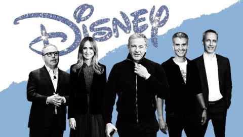 Alan Bergman, Dana Walden, Bob Iger, Josh D’Amaro and James Pitaro with Disney logo