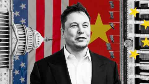 Montage image of Elon Musk, the US flag and Capitol, and Beijing’s Great Hall of the People