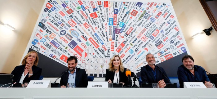 From left, Italian Foreign Press Association member Constanze Reuscher hosts a press conference at the association’s HQ in Rome on Monday, joined by Rai journalists Daniele Macheda, Serena Bortone, Vittorio di Trapani and Sigfrido Ranucci