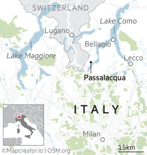 GM040511_24X Map showing the location of Passalacqua in Italy. The map highlights the region near Lake Como, with Passalacqua pinpointed to the east of the lake