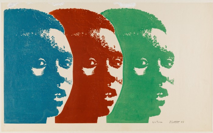 ‘We Three’, 1969, by Elizabeth Catlett: three superimposed images of a Black woman;s head in blue, red and green