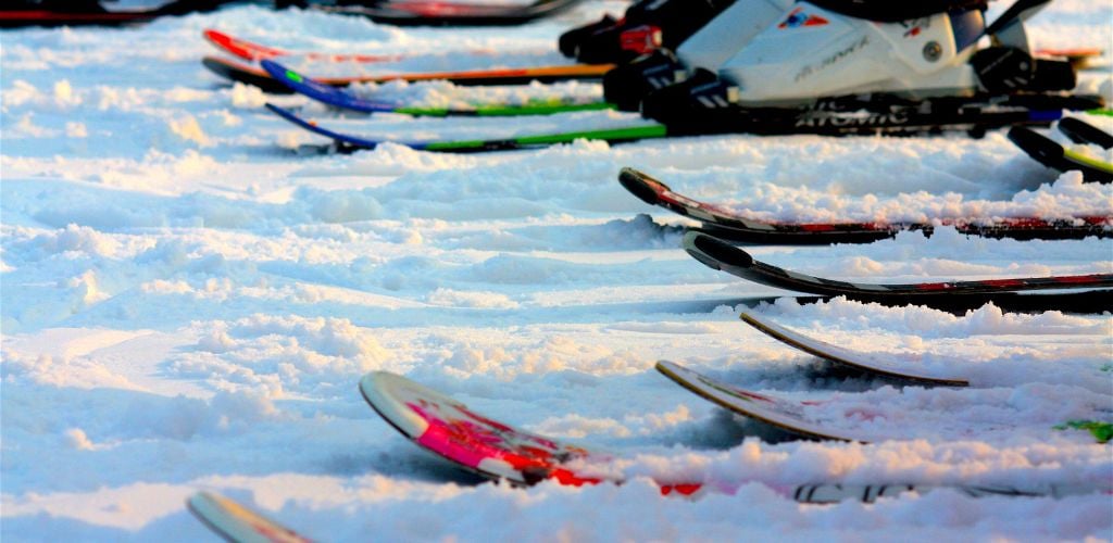 multiple brightly coloured skis in a line on fresh white snow 
