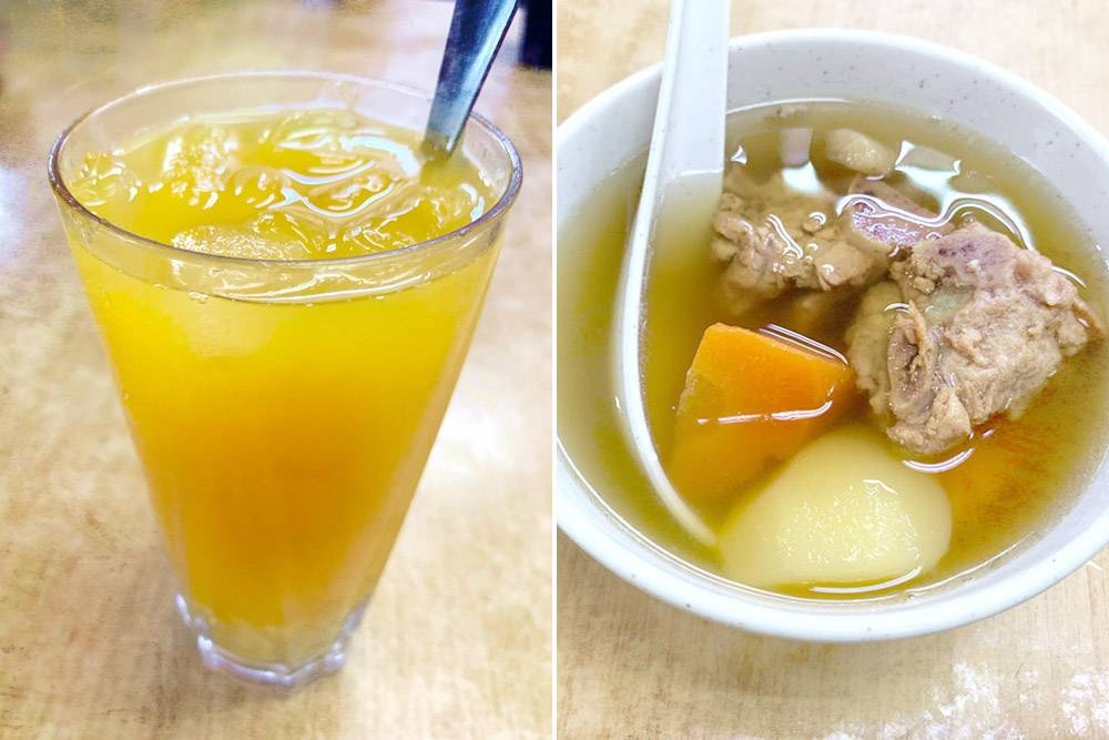Barley water with pumpkin (left) and a bowl of ABC soup (right).