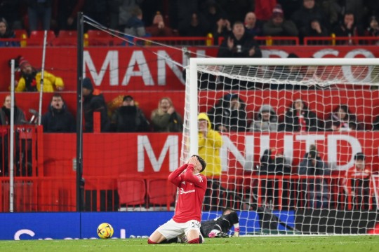 MANCHESTER, ENGLAND - FEBRUARY 08: Alejandro Garnacho of Manchester United reacts after their shot goes wide during the Premier League match between Manchester United and Leeds United at Old Trafford on February 08, 2023 in Manchester, England. (Photo by Michael Regan/Getty Images)