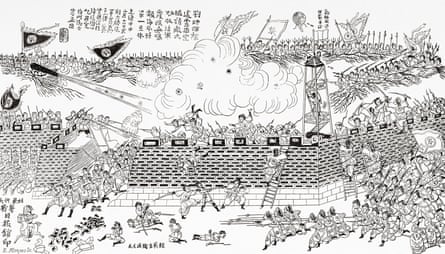Chinese engraving depicting the defeat of the French in front of one of the fortresses of Tonkin and showing one of the French military aerostats.