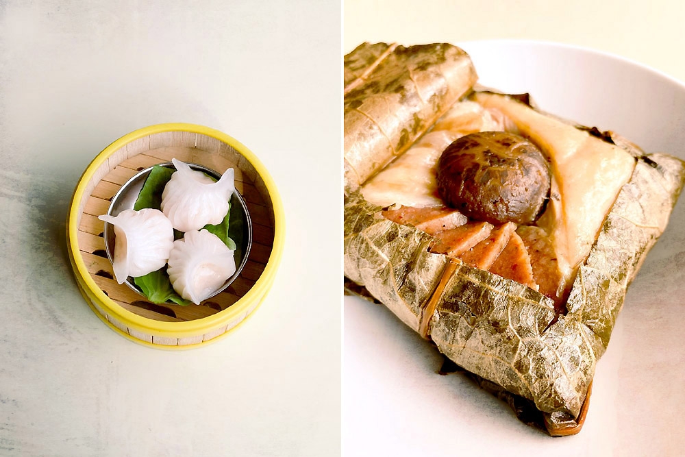 Weekend dim sum at Fifty Tales: 'har gao' by Chef Bimmy (left) and lotus leaf glutinous rice with house-made cured meat (right).