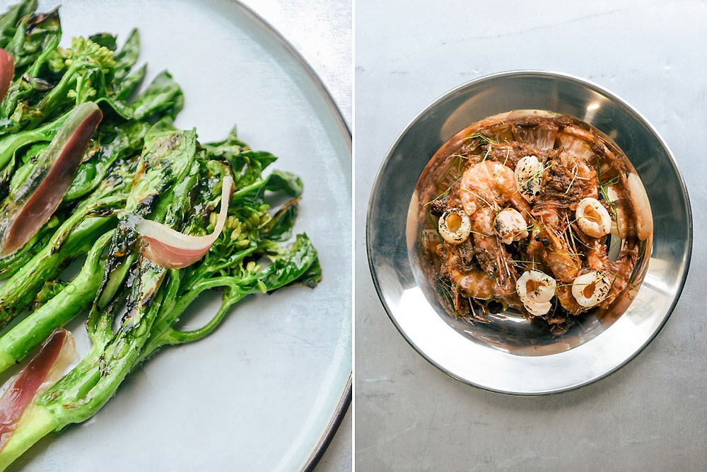 Grilled 'kailan' with 'kelulut' honey and 32-day dry-aged duck ham (left). Lychee sambal prawns (right).