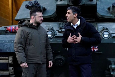 British prime minister Rishi Sunak and Ukrainian president Volodymyr Zelenskiy at a military facility in Lulworth, Dorset, 8 February.