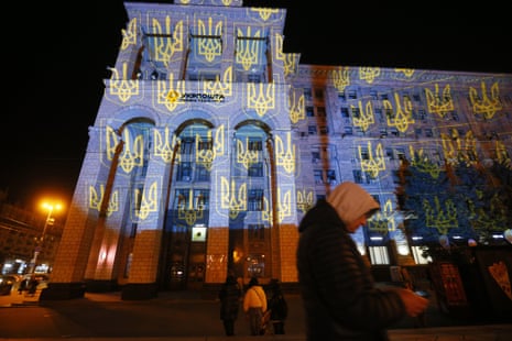 A view of the main post office illuminated during a light show in Kyiv, Ukraine.