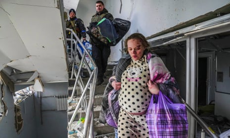 An injured pregnant woman walks downstairs in the damaged by shelling maternity hospital in Mariupol, Ukraine, Wednesday, 9 March 2022.
