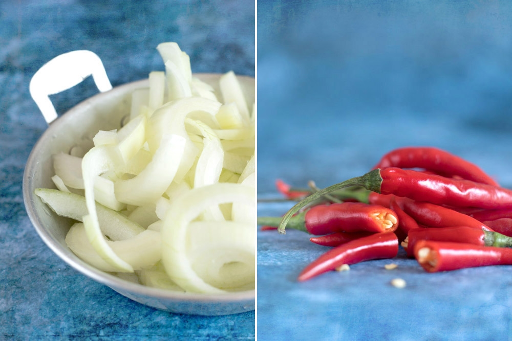 White onions for aromatics (left) and red chillies for some heat (right).