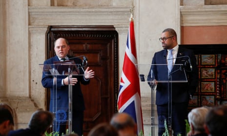 UK defence secretary Ben Wallace (L) speaks as UK Foreign Secretary James Cleverly (R) looks on during a joint news conference with Italian foreign minister Antonio Tajani and Italian defence minister Guido Crosetto, in Rome