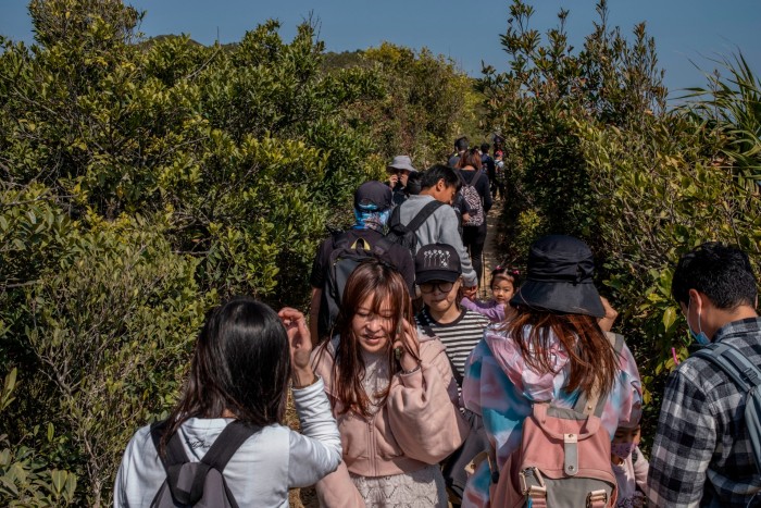 People with backpacks walked on a crowded trail that leads between bushes and trees