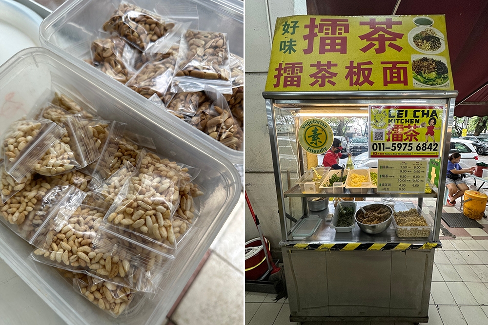 The rice puffs and roasted skinned peanuts are kept in sealed plastic bags (left). Look for the stall that is at the side of the restaurant just next to the road (right).