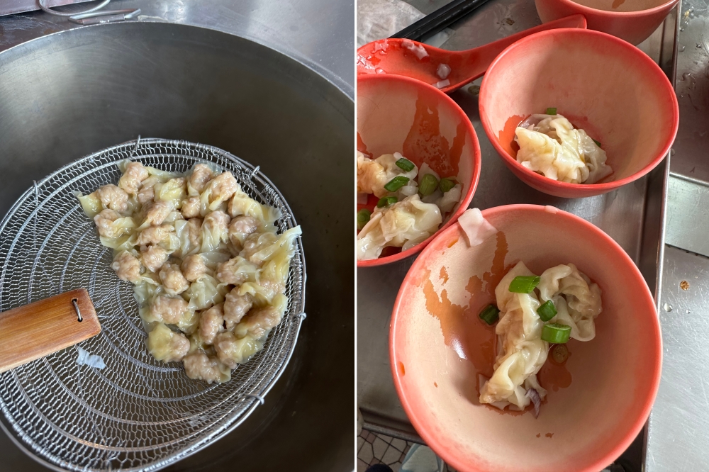 The ‘wantans’ are just the right size to accompany your meal here (left). Each noodle order gets two ‘wantans’ served in a separate bowl (right).