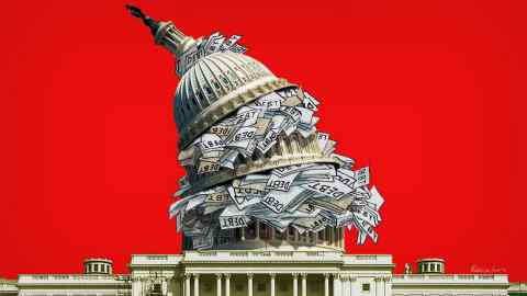 James Ferguson illustration of debt bills coming out of the Capitol building roof, which is stuffed so full it starts to lean to one side