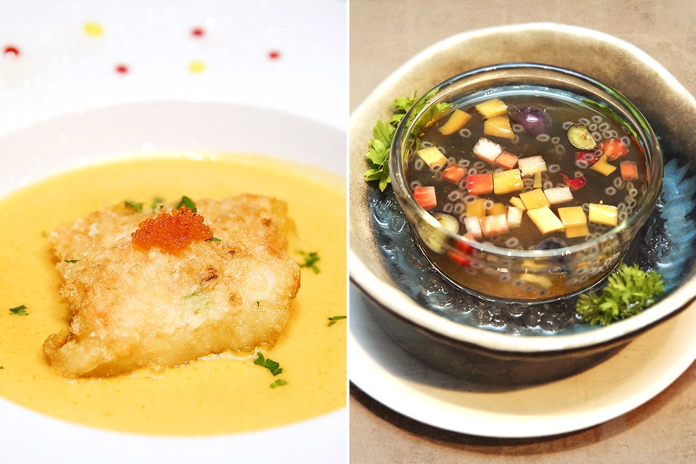 Deep-fried cod fish stuffed with prawn paste in golden broth (left) and a bird’s nest lemongrass infusion with basil seeds and mixed fruits (right). — Picture by Yusof Mat Isa