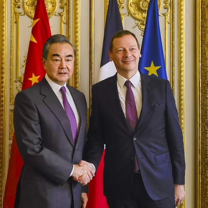 China’s top diplomat Wang Yi, left, had a call with Emmanuel Bonne, diplomatic counselor to French President Emmanuel Macron, on Monday. A Chinese readout says they agreed to “consistently accumulate and create conditions for the start of political settlement”. Photo: Xinhua