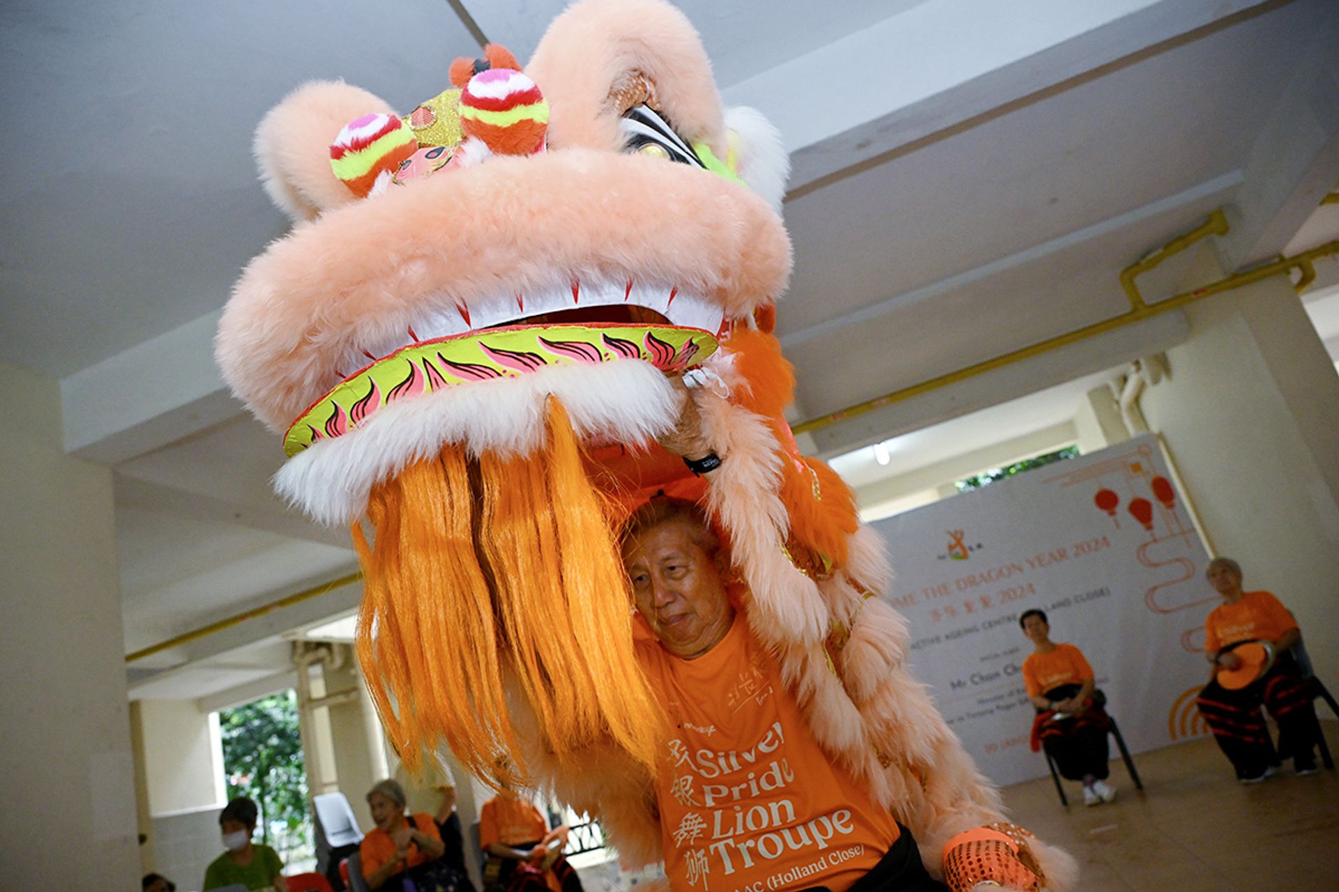Mr Chia Chiang Teck hoisting the lion head as he performs.