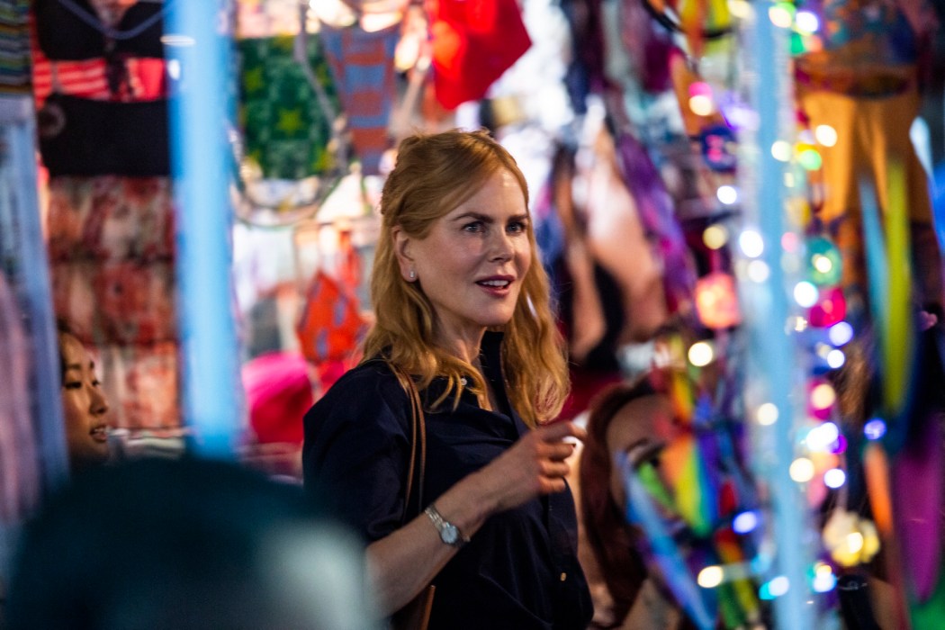 Actress Nicole Kidman films a scene in a market in Hong Kong on August 23, 2021. Photo: Isaac Lawrence/AFP.