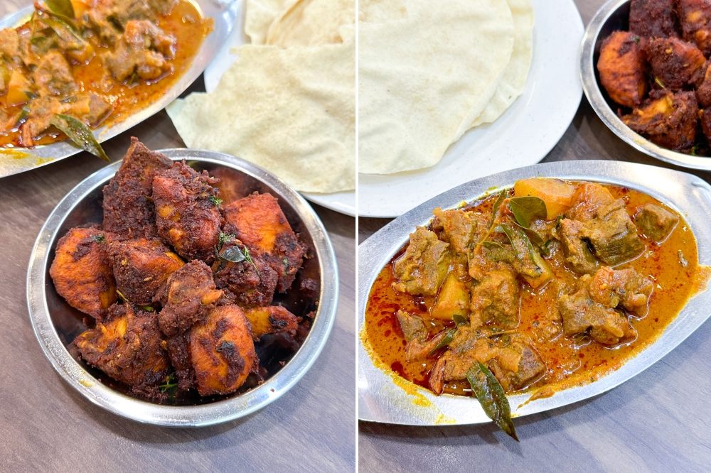 You can add on dishes like this chicken ‘varuval’ with chunks of chicken (left). There's also a selection of mutton dishes like this mutton curry with tender pieces of mutton (right).