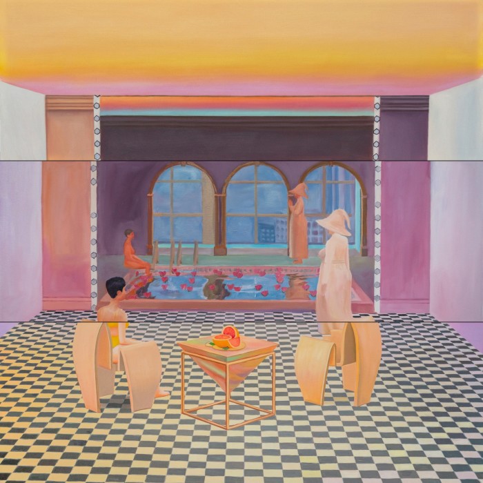 Painting of people on a chequerboard floor stretching towards an indoor pool