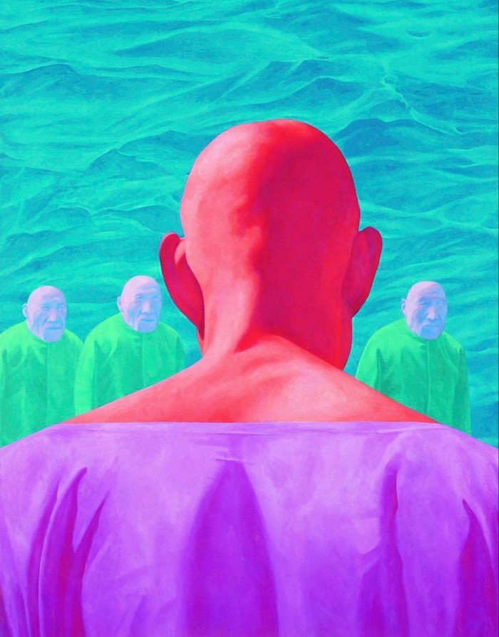 Painting of a bald man from behind with a red head and purple robe