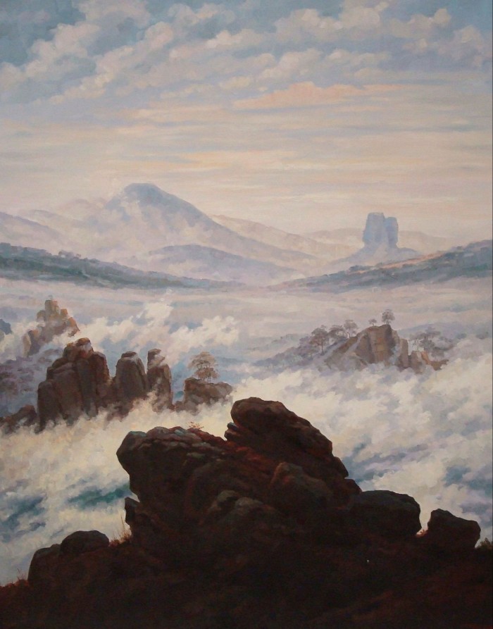 Landscape painting of a rocky outcrop looking over a cloudy valley