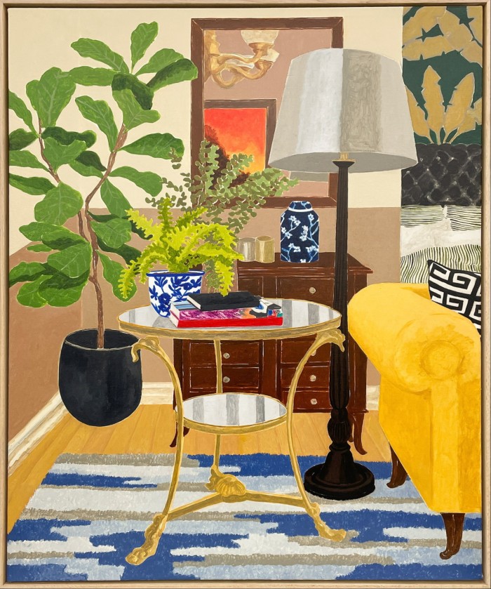 Painting of sitting room with a glassy side table, yellow sofa and plants