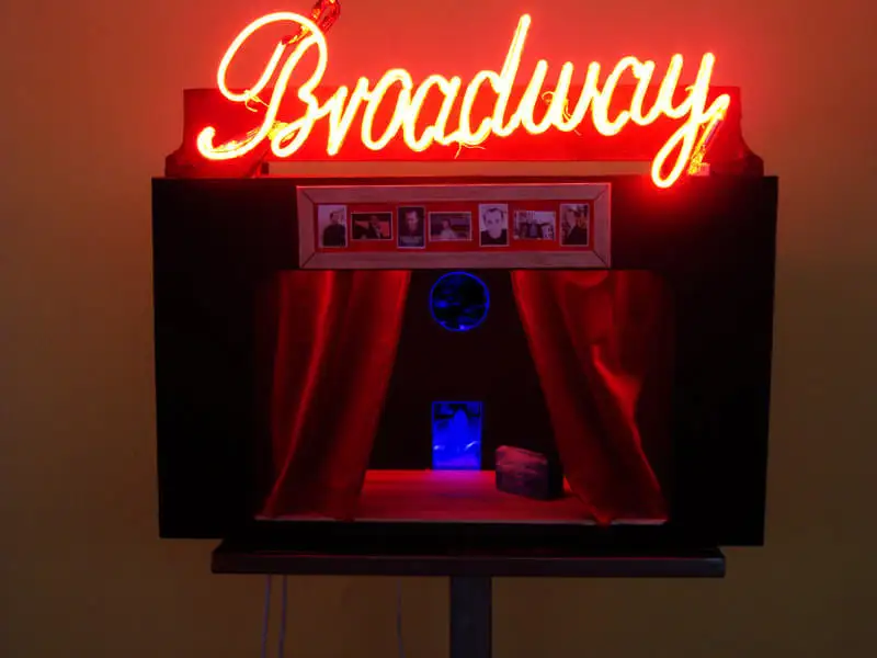 STELIOS PANAGIOTOPOULOS, Broadway, 2010. Neon, wood, textile, cardboard, color, 50X75X45 cm. Athens, Greece. Acquired by Kostakos Foundation.