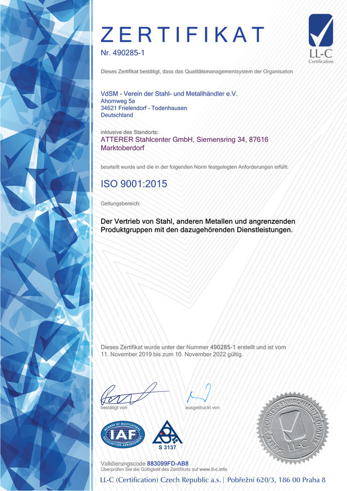 Atterer Stahlcenter GmbH ISO 9001
